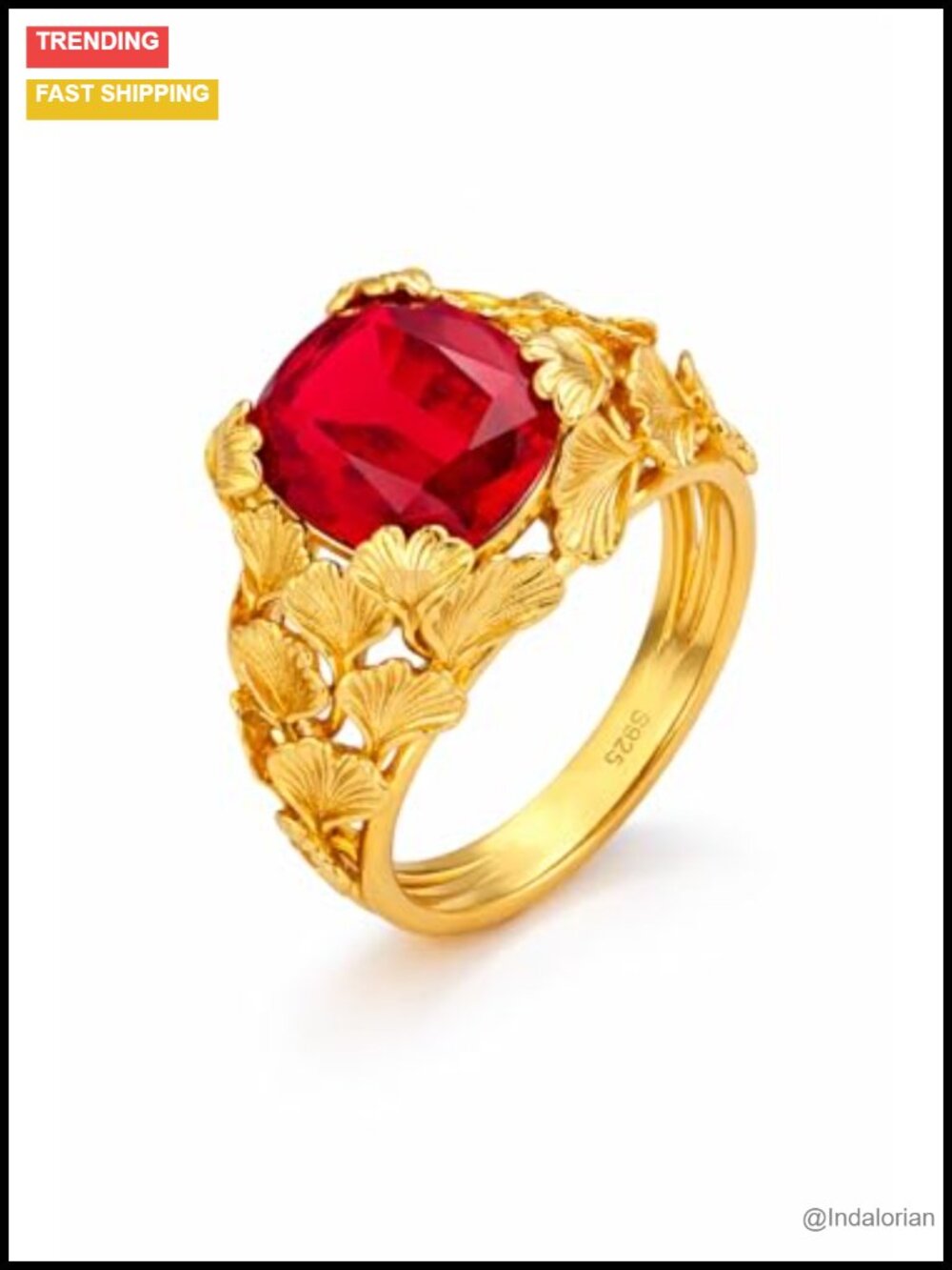 Ginkgo Leaf 3.95ct Lab Grown Ruby Ring 24K Gold Plated Sterling Silver